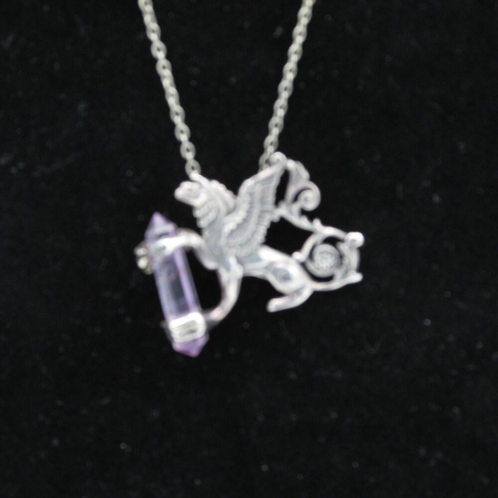 925 Sterling Silver Griffin Gryphon Amethyst Crystal Point Necklace Fantasy - Picture 5 of 7